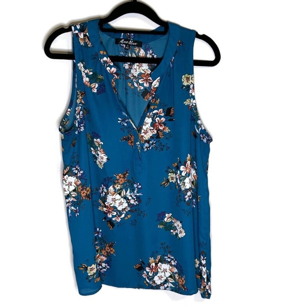 Alice Blue Women Teal Floral Sleeveless Split Neck Blouse Top T96602 Large - Picture 3 of 8